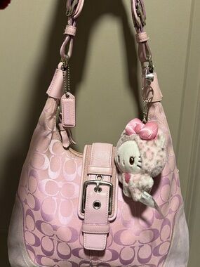 Coach Pink Signature Jacquard Shoulder Bag with Plush Charm